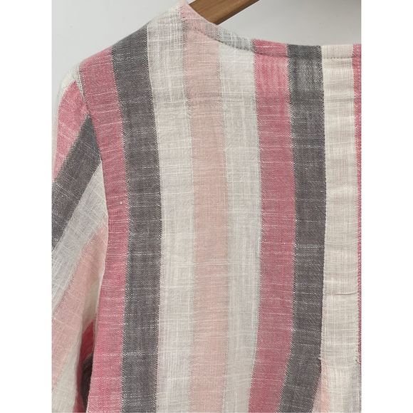 Habitat Linen Short Top Button Up Women XS Pink White Gray Stripe Long Sleeve Ne - Picture 12 of 13